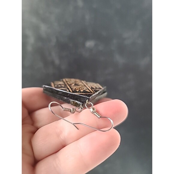 Handpainted Bohemian Wooden Square Shaped Dangling Earrings Vintage NOS - Picture 7 of 10